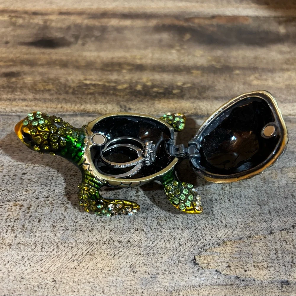 Green and Gold Rhinestone Turtle Jewelry Keeper